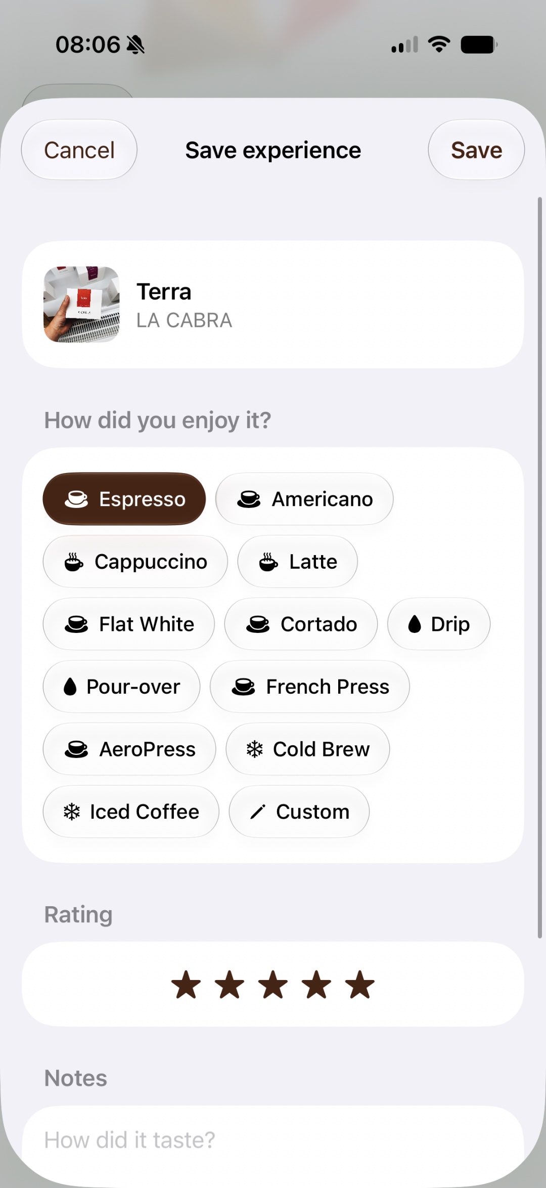 WholeBean save experience screen