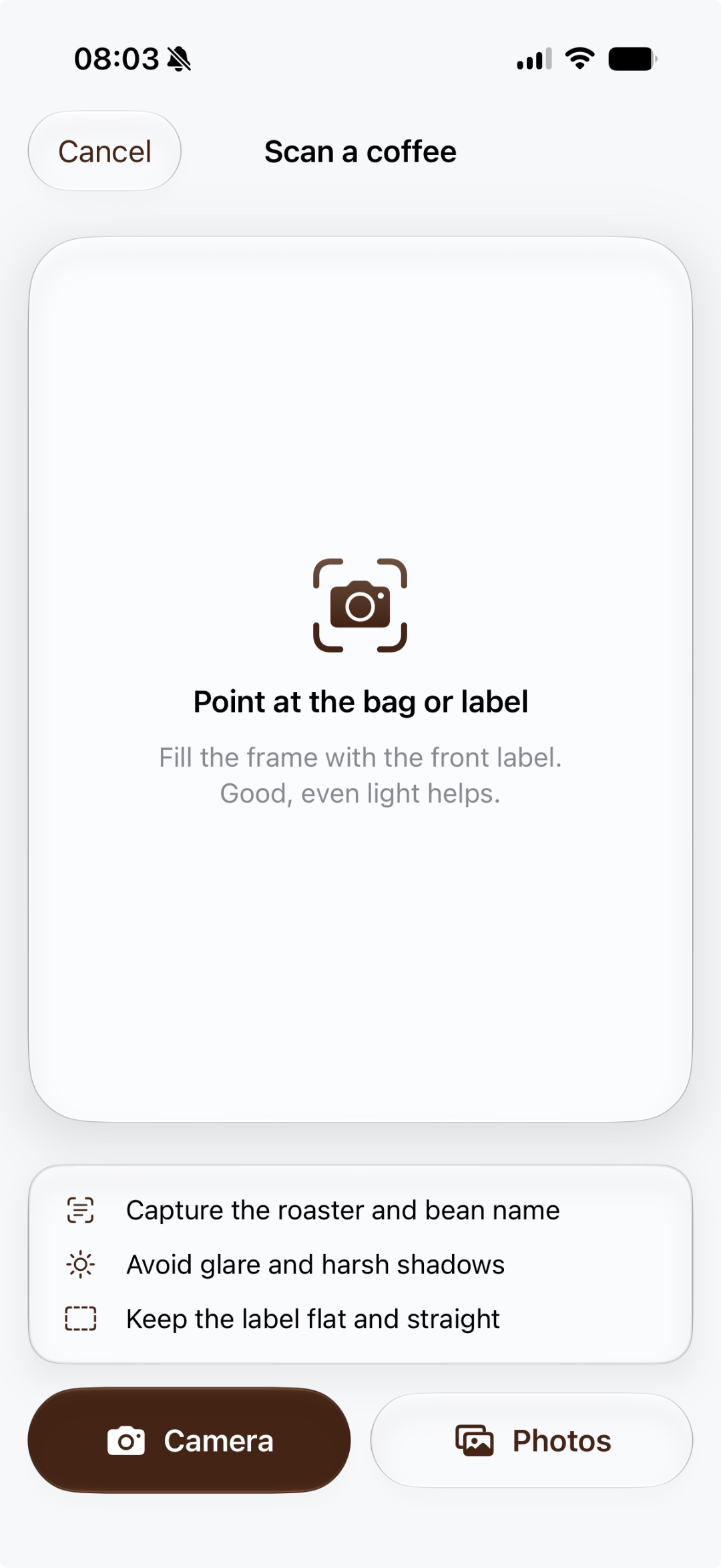 WholeBean scan a coffee screen