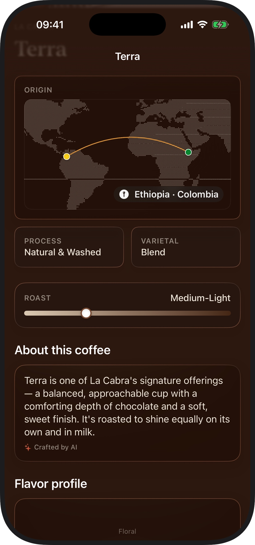 WholeBean coffee detail screen with origin, process, roast level and an AI description